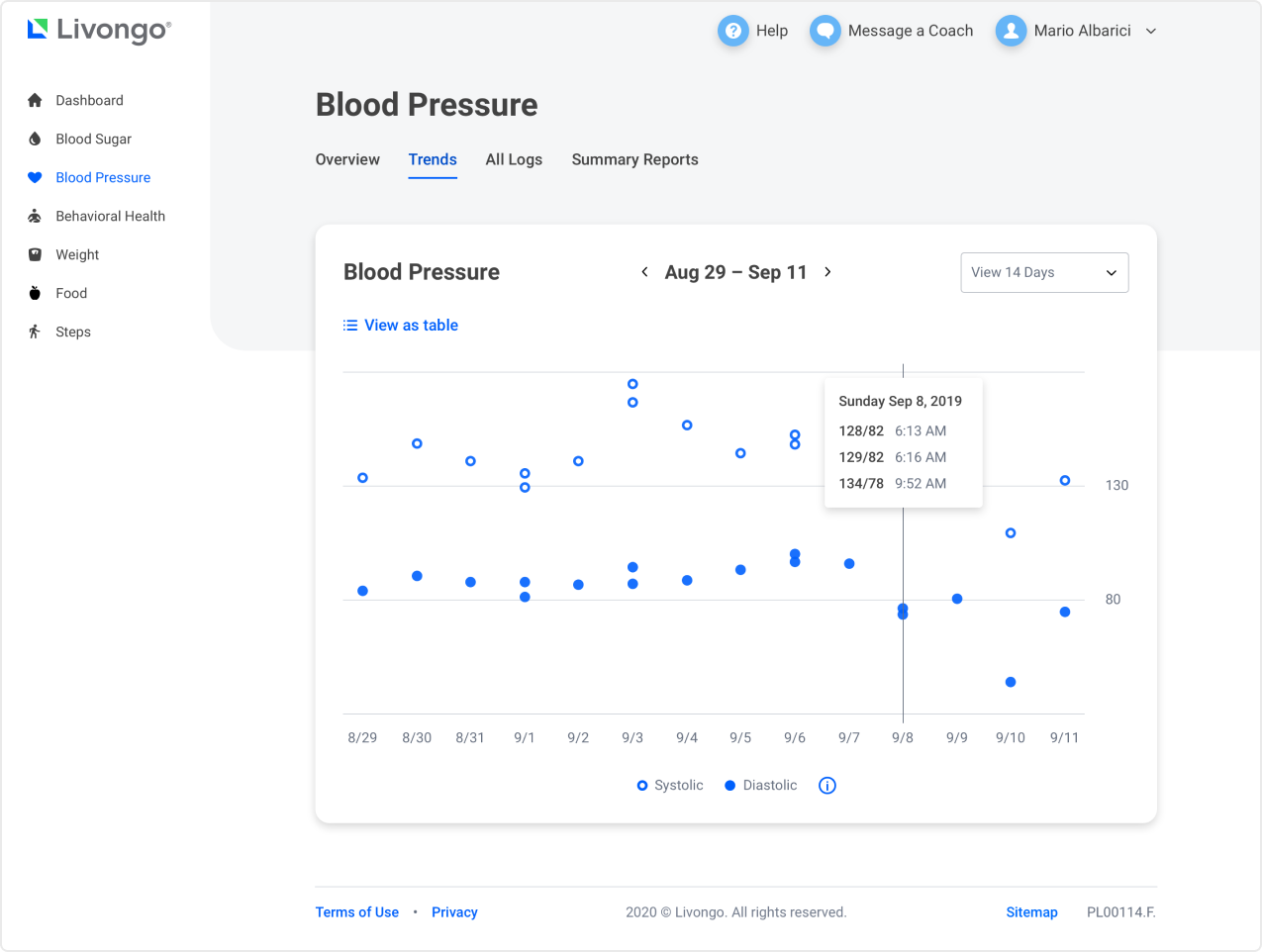 Livongo web app — redesigned blood pressure tracking for the hypertension program