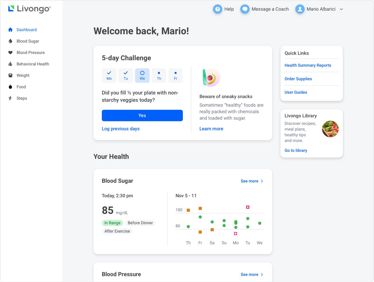 Livongo web app — redesigned member home dashboard